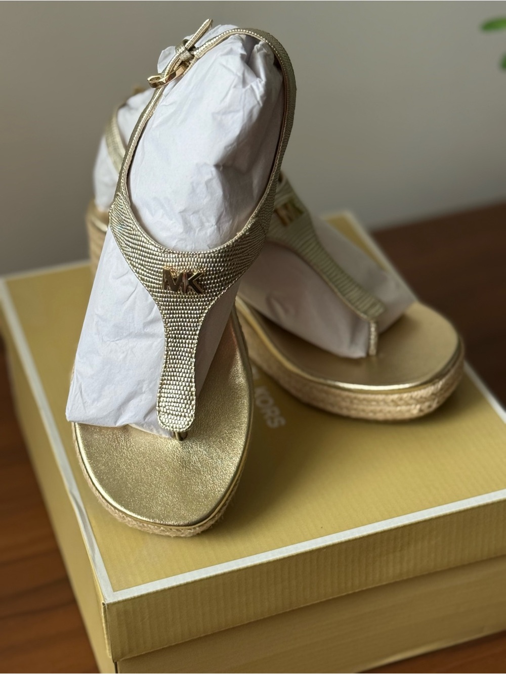 Michael Kors Metallic Gold Thong Wedge Sandals